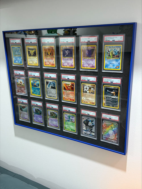 Premium aluminium metal trading card wall display frame case for Pokémon cards, MTG cards, Yu-Gi-Oh! cards, One Piece cards and sports cards, graded card wall display, PSA card frame, CGC card display, BGS slab display, One Touch magnetic holder display,