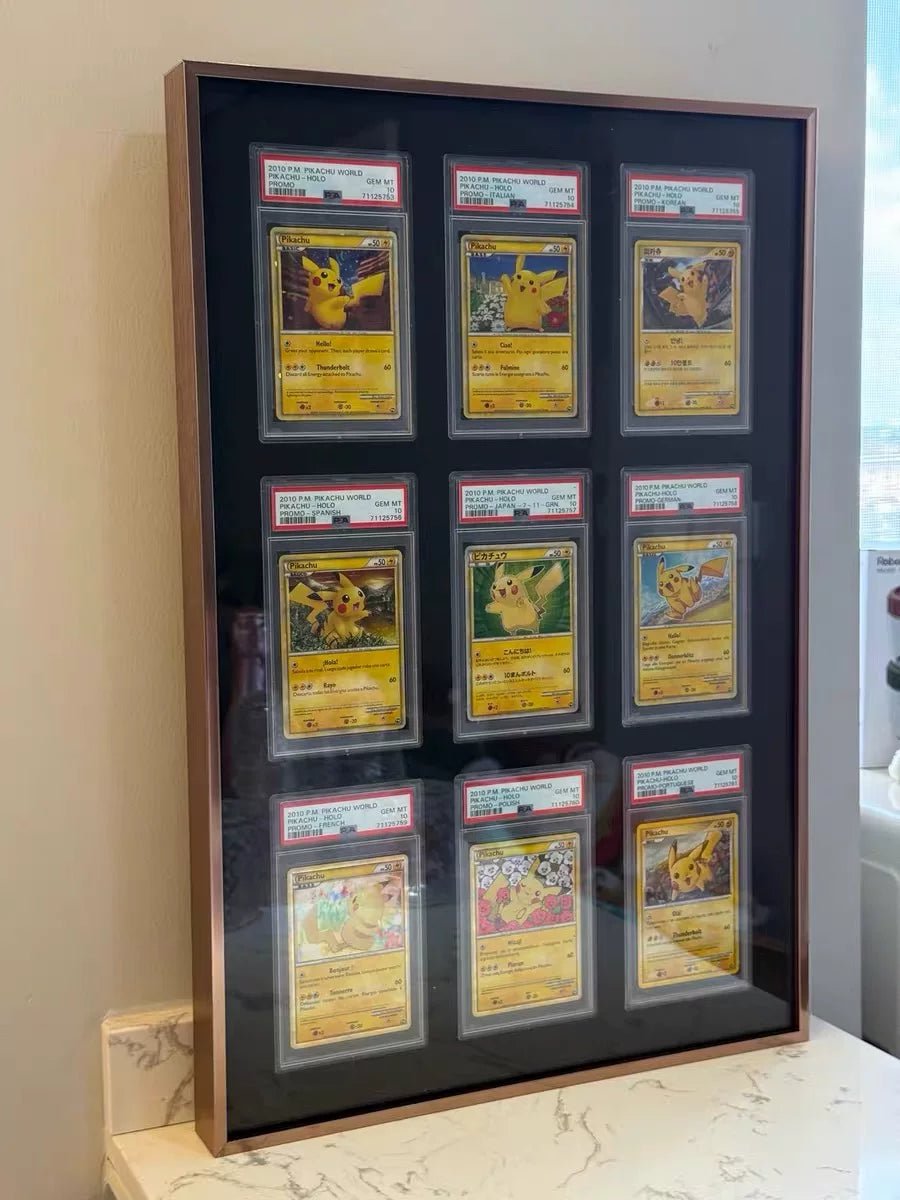 Premium aluminium metal trading card wall display frame case for Pokémon cards, MTG cards, Yu-Gi-Oh! cards, One Piece cards and sports cards, graded card wall display, PSA card frame, CGC card display, BGS slab display, One Touch magnetic holder display,