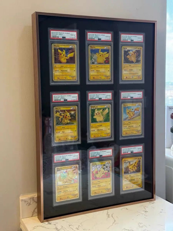 Premium aluminium metal trading card wall display frame case for Pokémon cards, MTG cards, Yu-Gi-Oh! cards, One Piece cards and sports cards, graded card wall display, PSA card frame, CGC card display, BGS slab display, One Touch magnetic holder display,