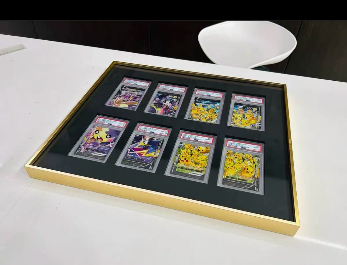 Premium aluminium metal trading card wall display frame case for Pokémon cards, MTG cards, Yu-Gi-Oh! cards, One Piece cards and sports cards, graded card wall display, PSA card frame, CGC card display, BGS slab display, One Touch magnetic holder display,