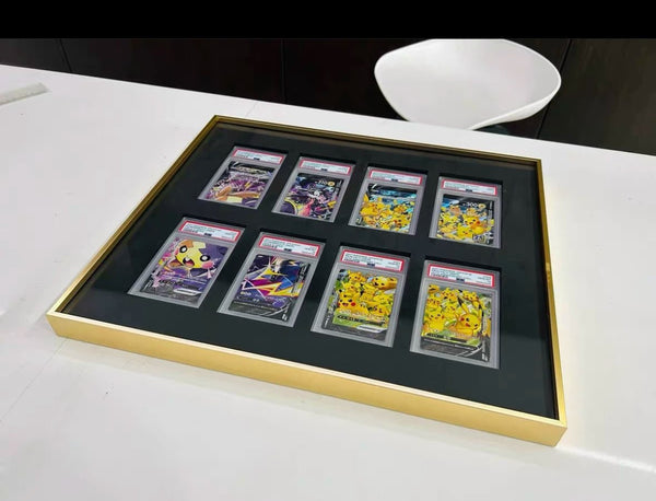 Premium aluminium metal trading card wall display frame case for Pokémon cards, MTG cards, Yu-Gi-Oh! cards, One Piece cards and sports cards, graded card wall display, PSA card frame, CGC card display, BGS slab display, One Touch magnetic holder display,