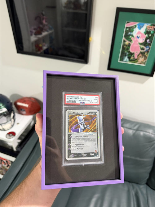Premium aluminium metal trading card wall display frame case for Pokémon cards, MTG cards, Yu-Gi-Oh! cards, One Piece cards and sports cards, graded card wall display, PSA card frame, CGC card display, BGS slab display, One Touch magnetic holder display,